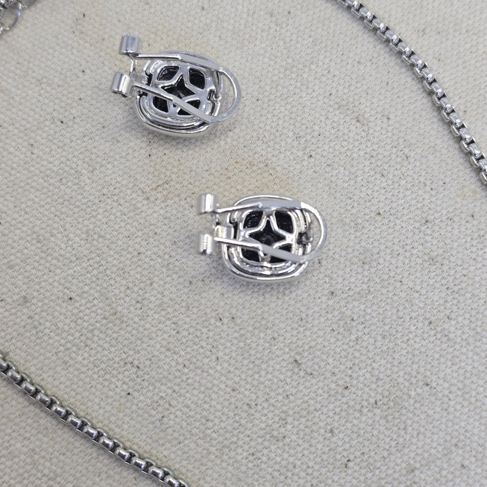 Silver Tone Black Faceted Stone Necklace & Pierced Earrings Set Gold Tone Accent - Picture 8 of 13